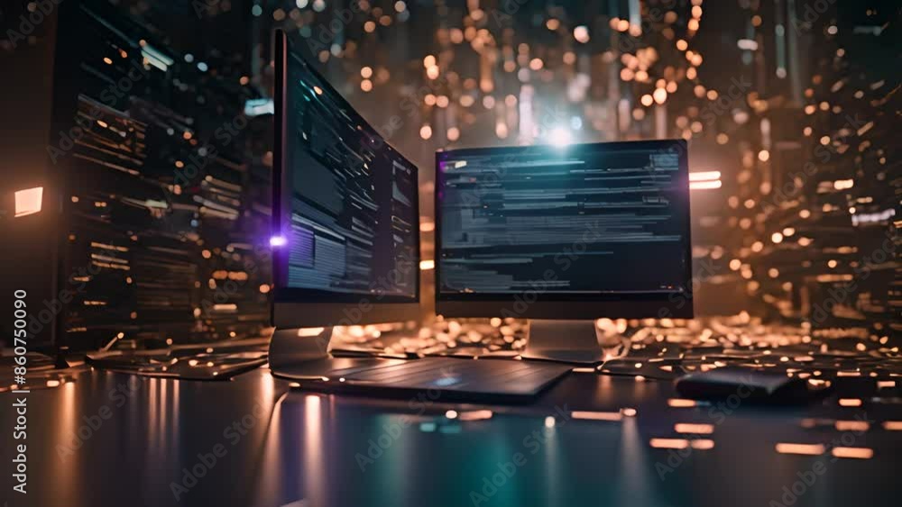 Poster two computers with code on screen in front of blurry city lights generative ai