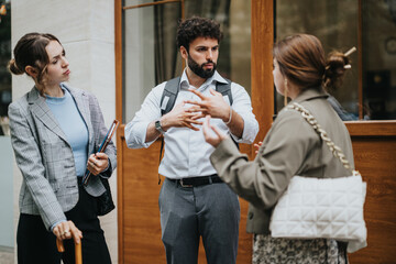 Young business professionals brainstorming project ideas, discussing strategy, and networking in an outdoor meeting in an urban city downtown area.