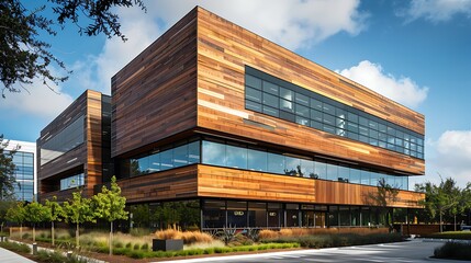 Fototapeta premium innovative tech company headquarters with a modular wooden facade that can adapt to the changing needs of the business and its employees