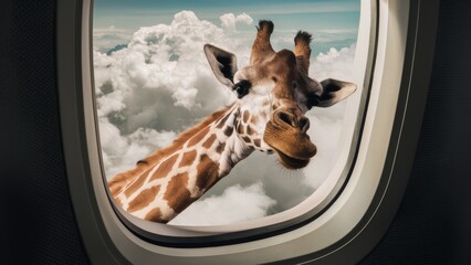 A bizarre and surreal photograph of a giraffe peering curiously out of an airplane window. Promotional photo.