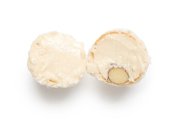 Delicious chocolate candies with coconut topping isolated on white background
