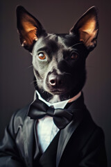 A black dog is wearing a tuxedo and a bow tie. The dog is looking at the camera with a serious expression.