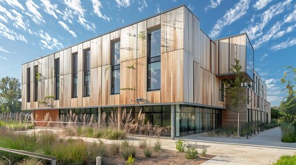 Obraz premium innovative tech hub with a facade made from smart wooden panels that adjust to the suna??s angle, optimizing natural light and energy use