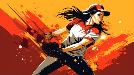 A vibrant and dynamic artistic illustration capturing the intense motion and energy of a female baseball pitcher preparing to throw a pitch, in a modern sport style.