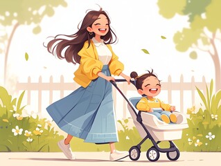 Babysitter concept. Morning adventures with a nanny in a stroller. High quality cartoon illustration, generated by AI