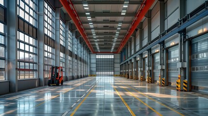 Obraz premium Empty industrial warehouse featuring polished concrete floors with safety markings, ample natural light from skylights, metal roll-up doors along the sides, and a solitary red forklift.