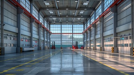 Empty industrial warehouse featuring polished concrete floors with safety markings, ample natural light from skylights, metal roll-up doors along the sides, and a solitary red forklift.