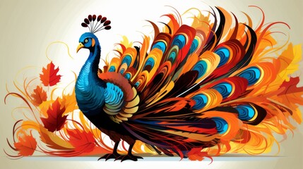 Fototapeta premium This image features a vibrant peacock with its elaborate and colorful feathers spread out, set against a backdrop of swirling autumn leaves, symbolizing grace and splendor.