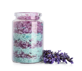 Bottle of sea salt and lavender flowers on white background