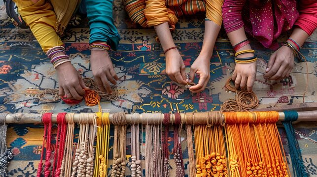 Women Weaving Colorful Threads on a Loom