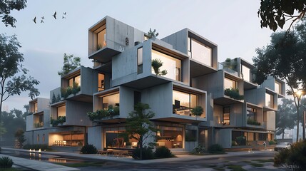 Obraz premium urban co-living complex using modular fiber cement facades, enabling each resident to personalize the exterior of their modular unit while maintaining a cohesive building aesthetic
