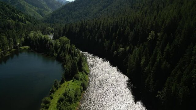 Aerial above North Fork of Clearwater River and alpine pond in summer in Idaho
