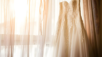 wedding dress hanging on luster at hotel room : Generative AI