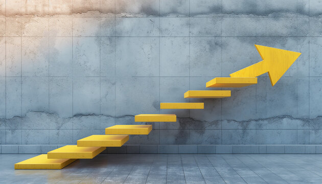 Steps to move forward to next level, success concept, yellow staircase with arrow sign and concrete wall in exterior scene, 3D rendering