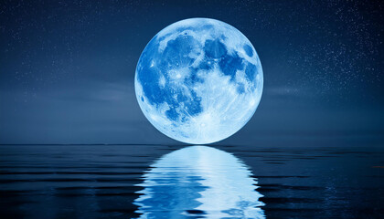 Reflection on the sea of the big blue full moon. Astronomy, nature and astology concept.