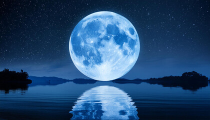 Reflection on the lake of the big blue full moon. Astrology, astronomy and nature concept.	