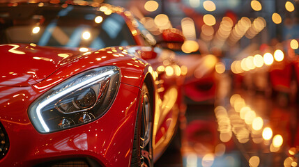 Blurred background of new cars displayed in luxury showroom with light bokeh in motor show event.