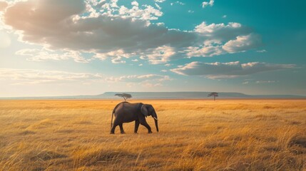 An elephant wanders alone in the vast open savanna under a magnificent sky, capturing the essence of freedom and solitude amidst nature's grandeur.