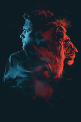 Fototapeta premium An illustration of a men in blue colours and a lion’s silhouette in red colour, in double exposure technique, on a dark background