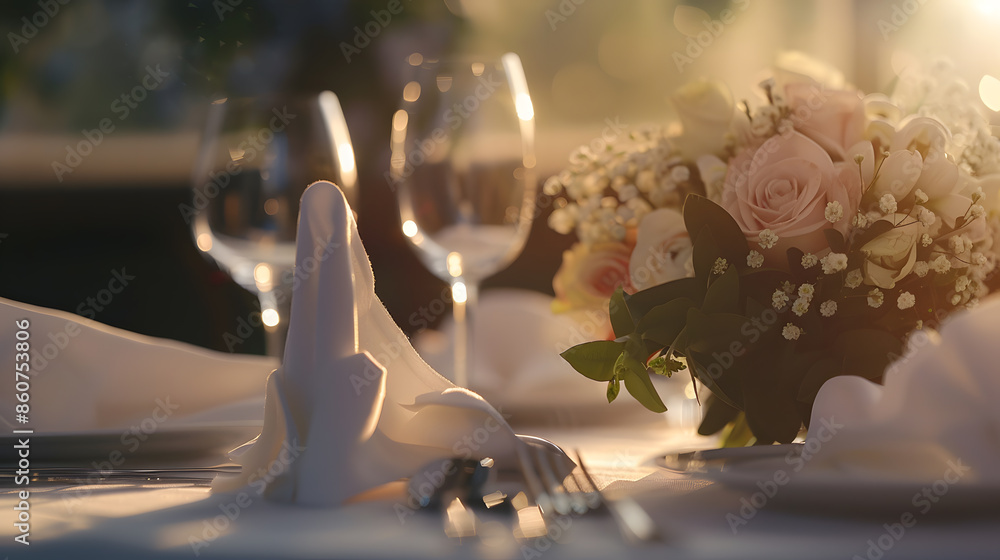 Poster fine banquet table setting with bouquet : generative ai