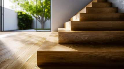 Modern natural ash tree wooden stairs in new house interior.