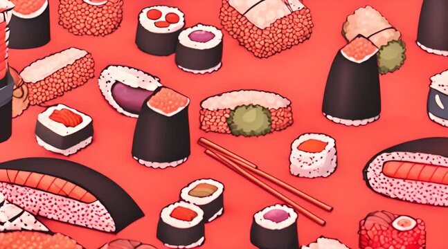 Onigiri and sushi seamless dodle pattern design background