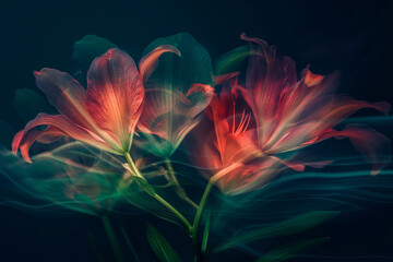 Fototapeta premium Red lily flowers on a dark background in long exposure technique