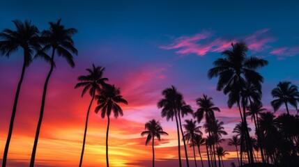 Obraz premium A striking image of a sunset with palm trees silhouetted in the foreground, showcasing the dramatic and vivid colors of the sky, symbolizing beauty and tranquility.