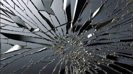 A close-up view of shattered glass, with intricate patterns of cracks and broken pieces. Generative AI 