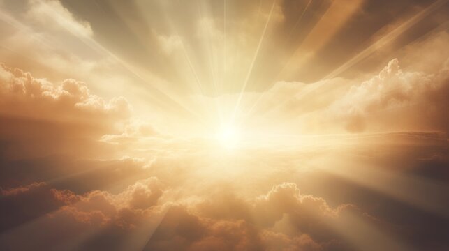 The image depicts brilliant sun rays shining through glorious clouds from above, showcasing nature's brilliance and the beauty of the heavens in a breathtaking, spiritual scene.