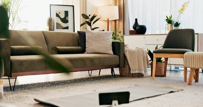 Home interior, living room and design with furniture for yoga, mindfulness and phone for vlogging. Real estate, lounge and space for pilates, meditation and relax with tripod, mat or decor background