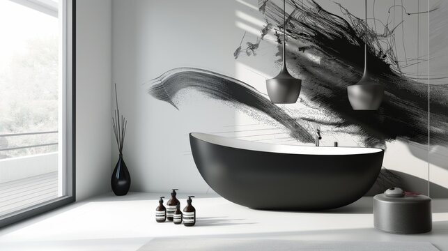 A sleek, modern bathroom interior featuring minimalist fixtures and fittings, highlighted by a unique, provocative wallpaper art design on one wall, creating an edgy and contemporary atmosphere