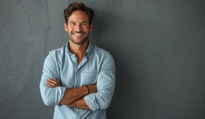Obraz premium Confident Man Smiling With Arms Crossed in Front of Grey Wall