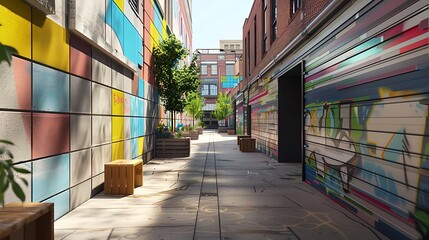 city alleyway transformed into a vibrant community space, with walls clad in colorful fiber cement panels that resist graffiti and wear