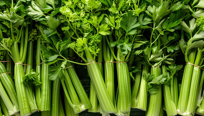 Obraz premium Many fresh green celery bunches as background, top view