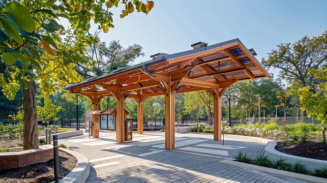 city park pavilion with a sustainable wooden design, featuring rainwater collection systems and solar panels, serving as a community hub for eco-education