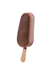 Ice cream with chocolate glaze on a popsicle stick.