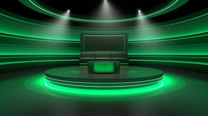 This image showcases a sleek studio with a green color theme featuring curved lighting, a central circular stage, and a minimalist design, perfect for modern productions.