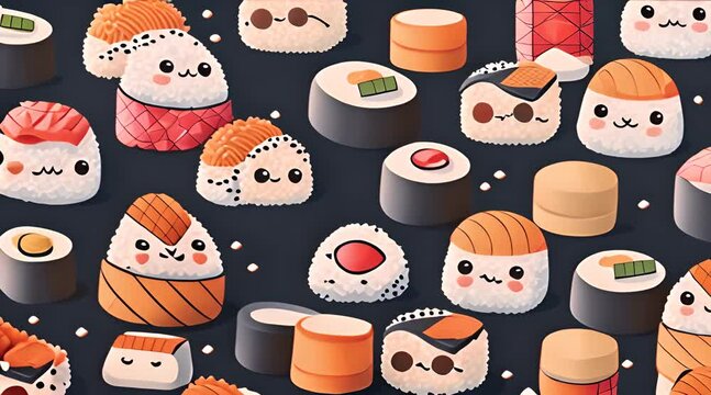Onigiri and sushi seamless dodle pattern design background
