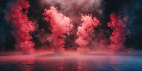 Red smoke rising from empty stage with spotlights