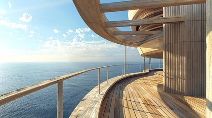 Fototapeta premium coastal observation deck with a spiraling wooden structure that provides panoramic views of the ocean and horizon