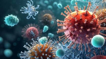 A detailed and vibrant depiction of colored virus particles floating in a dark background, demonstrating the aesthetic complexity and variety of viral microorganisms.