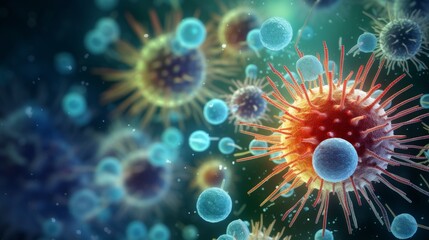 A detailed close-up illustration of multiple viruses with red spikes and blue cells highlighting their structure and interaction in a microscopic environment.