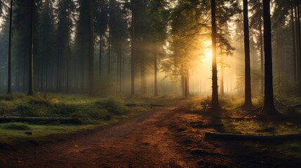 Naklejka premium The image depicts a tranquil forest path bathed in the golden light of a setting sun, highlighting the tall trees and lush greenery, creating a peaceful atmosphere.