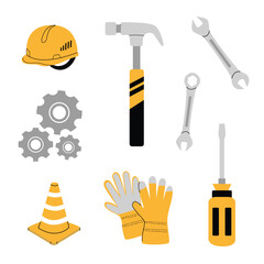 Vector set of construction tools and appliances. Hammer, helmet, gloves, screwdriver, gears, wrench. White isolated background.