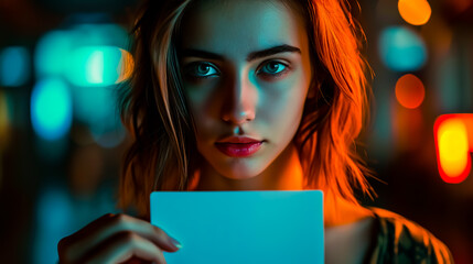 Young adult woman, serious attitude, presenting a warning card.