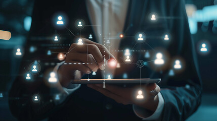 CRM. Customer relationship management concept, Businessman using digital tablet with customer network technology. customer service. Human resources HR