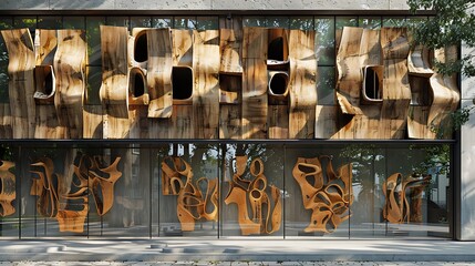 contemporary art gallery with a facade of sculptural wooden elements, designed to attract attention and provoke thought