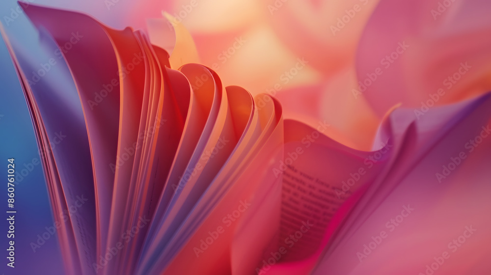 Poster The book opens and the book page rolls into the heart colorful background selective focus and with a very shallow depth of field : Generative AI
