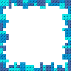 Blue frame composed of three shades of blue plastic toy blocks. Colorful brick banner isolated on a white background. Simple bricks template. Abstract vector background